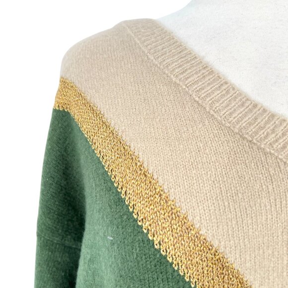 Aaron & Amber Chevron V-Neck Sweater Beige Gold Green Size Medium - Picture 3 of 12